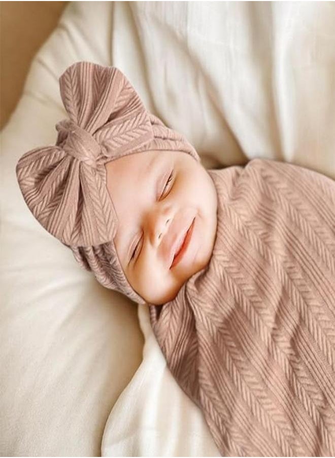 iMissiu - Newborn Swaddle Set with Matching Hat and Headband, Receiving Headband Blankets Muslin Baby Swaddle Blankets Stretchy Baby Blankets for Girls and Boys - Image 1