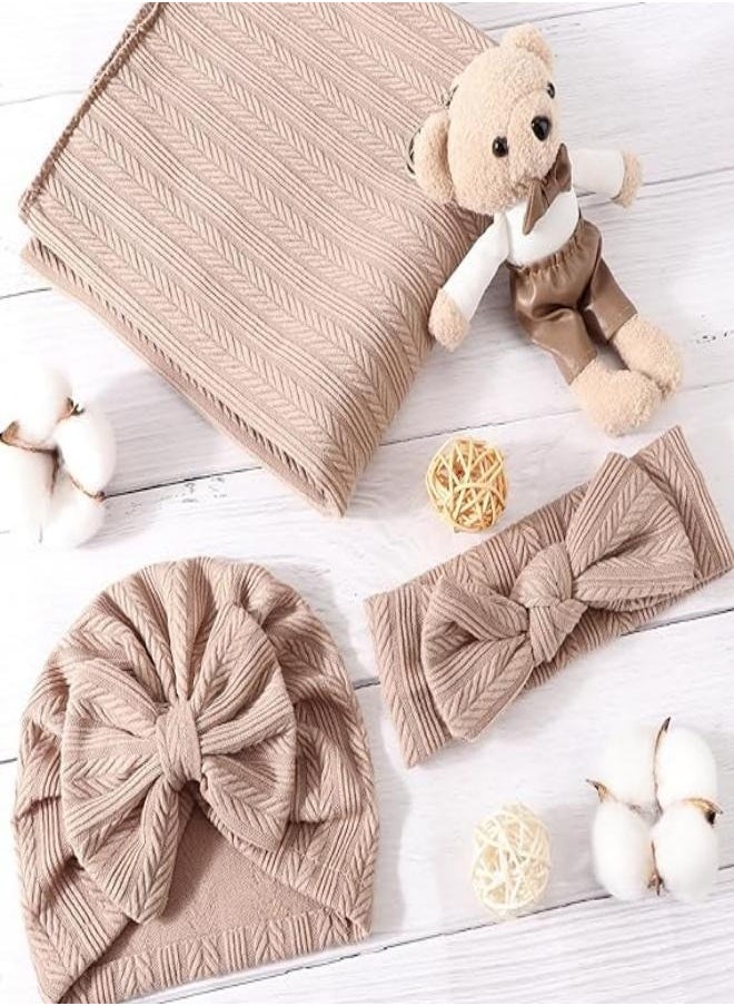 iMissiu - Newborn Swaddle Set with Matching Hat and Headband, Receiving Headband Blankets Muslin Baby Swaddle Blankets Stretchy Baby Blankets for Girls and Boys - Image 1
