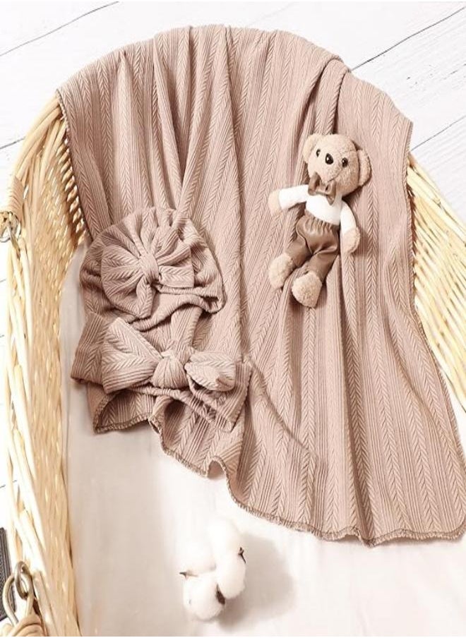 iMissiu - Newborn Swaddle Set with Matching Hat and Headband, Receiving Headband Blankets Muslin Baby Swaddle Blankets Stretchy Baby Blankets for Girls and Boys - Image 1