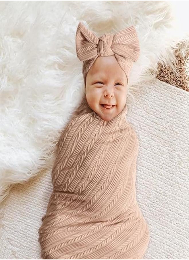 iMissiu - Newborn Swaddle Set with Matching Hat and Headband, Receiving Headband Blankets Muslin Baby Swaddle Blankets Stretchy Baby Blankets for Girls and Boys - Image 1