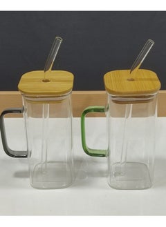 2 PCS Pyrex Glass Mug With Wooden Lid And Straw