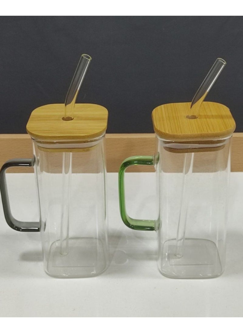 Generic - 2 PCS Pyrex Glass Mug With Wooden Lid And Straw - Image 1