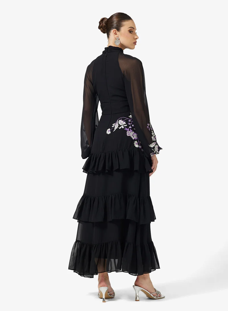 Frock and Frill Puff Sleeve Embellished Dress