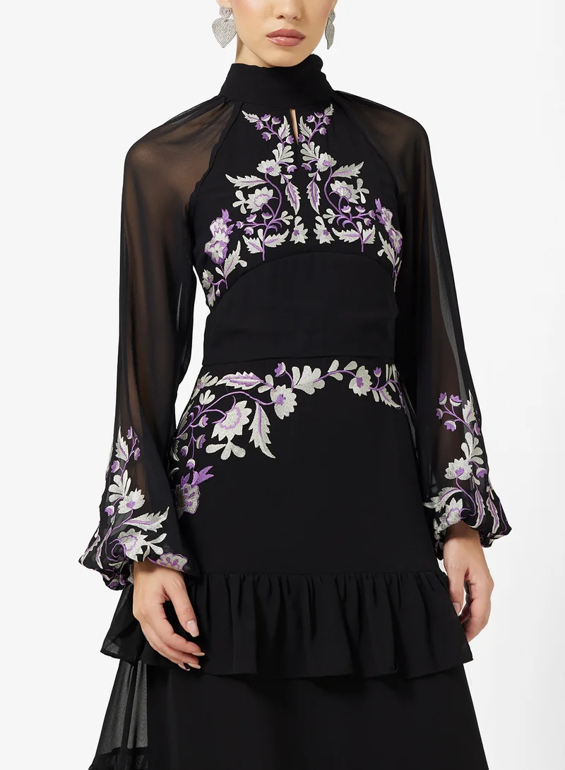 Frock and Frill Puff Sleeve Embellished Dress