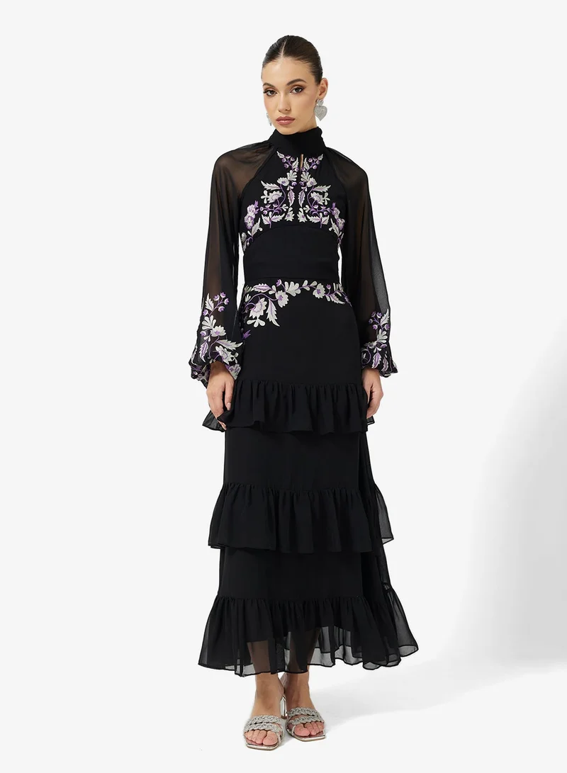 Frock and Frill Puff Sleeve Embellished Dress