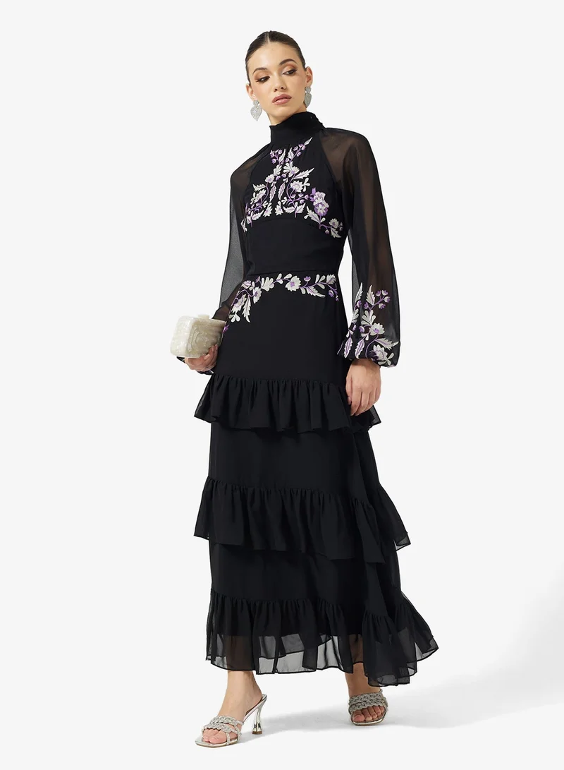 Frock and Frill Puff Sleeve Embellished Dress