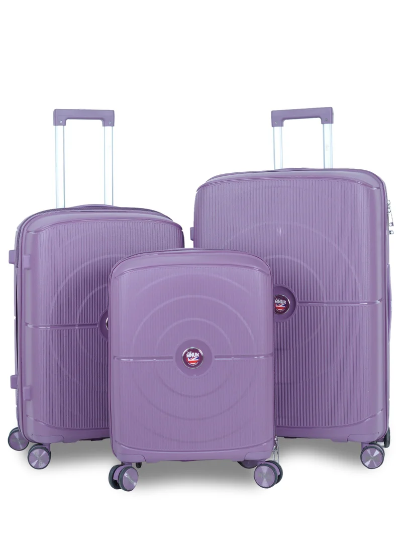 MNUK PREMIO Set of 3 Luggage|Polypropylene (PP) Hardside Luggage Trolley|Double 360° 4 Wheeler| Cabin-20 Inch, Medium- 24 Inch, Large-28 Inch|Purple