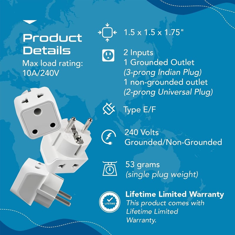 Ceptics Europe Travel Adapter, 2 in 1 India to Europe, Germany, France Schuko Adapter - Type E/F European Plug Adapter for Laptops, Phones, Chargers, CE - RoHS - 3 Pack - Image 3