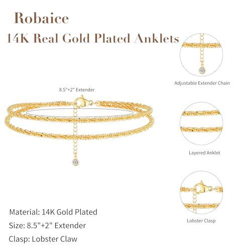 Robaice Gold Plated Ankle Bracelets for Women, Glitter Waterproof Adjustable Anklet for Women, Layered Summer Beach Anklets Jewelry for Women Gift - Image 5