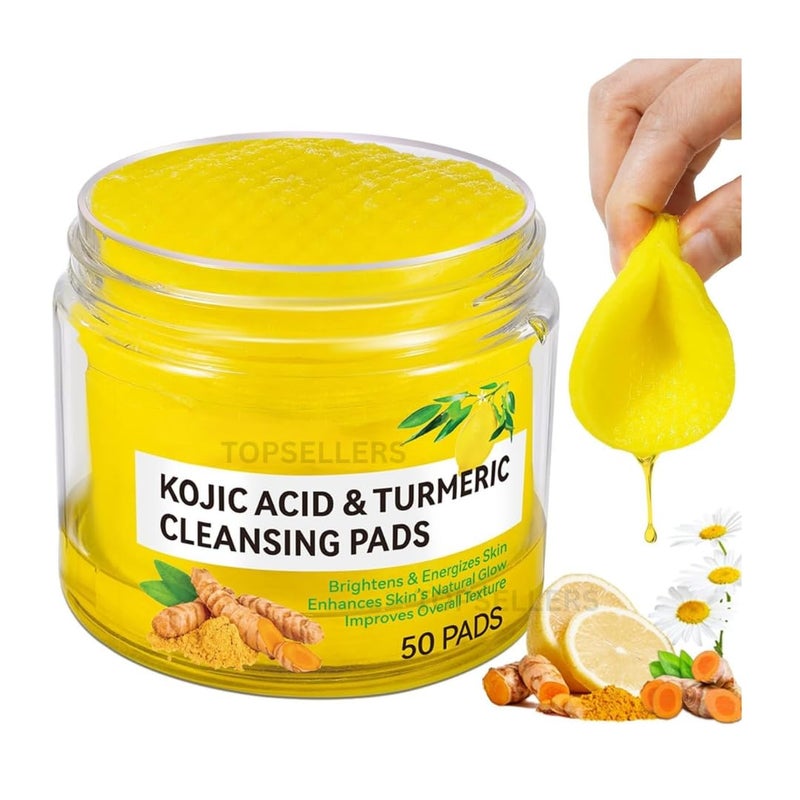 TOPSELLERS Kojic Acid and Turmeric Cleansing Pads (50 Count), Chemical Free Ultra-Soft & Gentle Skin Brightening Pads, Deep Cleansing Mild and Non-irritating, Helps Balance Skin Oil And Hydration (Suit for All Skin Type) - Image 1