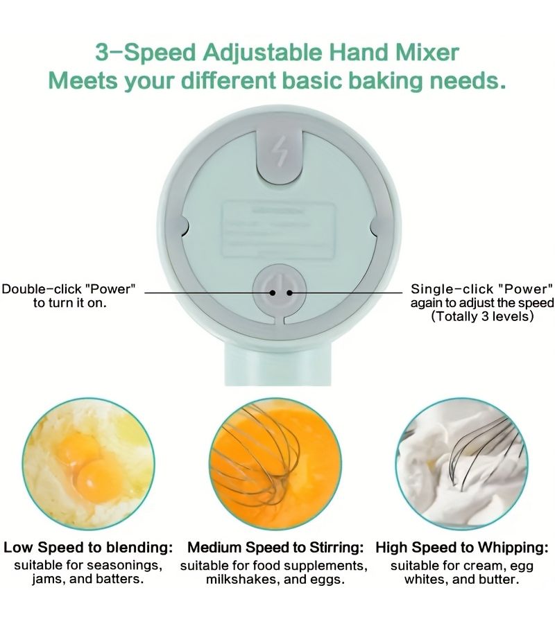 White 3 Speed USB Rechargeable Handheld Electric Eggbeater And Cake Mixer Portable Handheld Whisk Stand Mixer With 2 Stainless Steel Whisks Lightweight For Baking Cookies Muffins Cakes - Image 5