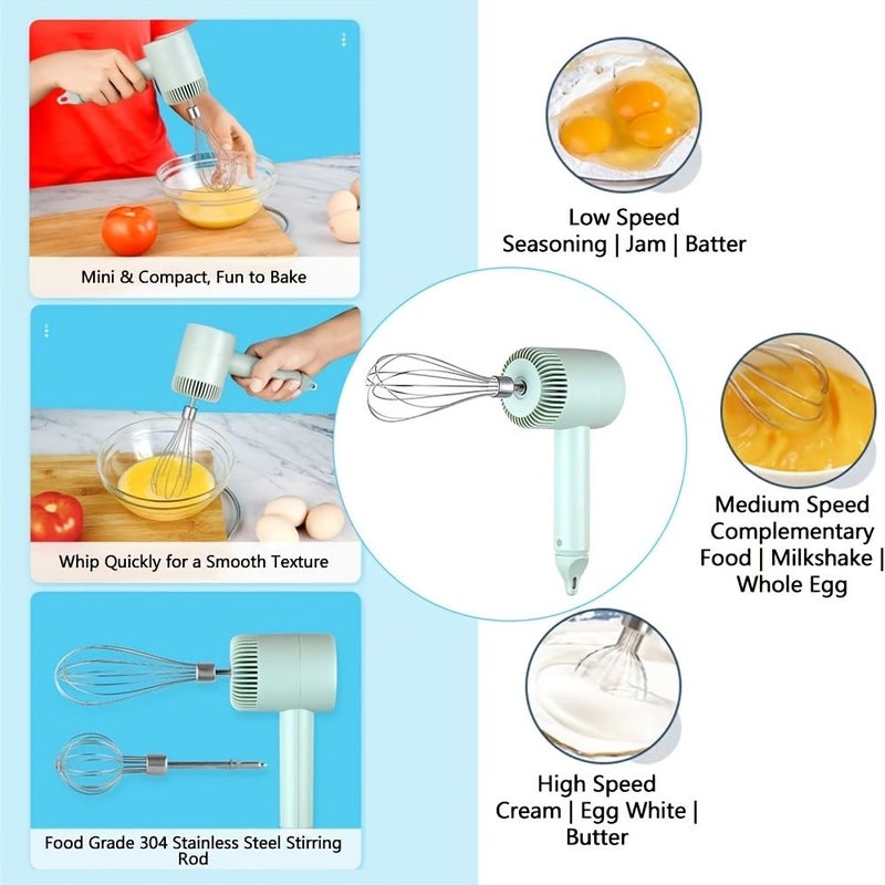 White 3 Speed USB Rechargeable Handheld Electric Eggbeater And Cake Mixer Portable Handheld Whisk Stand Mixer With 2 Stainless Steel Whisks Lightweight For Baking Cookies Muffins Cakes - Image 4