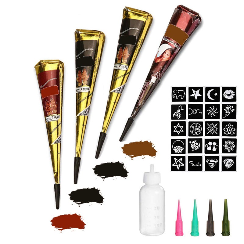 Yomagine Temporary Tattoos Kit, 4Pcs Semi Permanent Tattoo Paste Cones, India Body DIY Art Painting for Women Men Teens,Summer Trend Freehand Plaste with 3 Colors,20Pcs Adhesive Stencil,1Pc Bottle,4Pcs Nozzles - Image 1