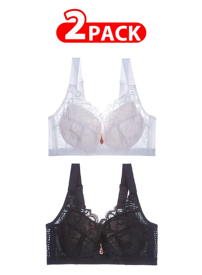 MARGOUN 2 Pack For Women's Large Size Lace Bra Wide Straps Wireless Bralettes with Full Cup Pads Bras for Ladys Women 40/90 Black White - Image 1