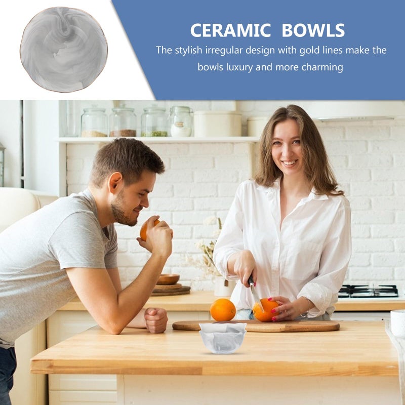 Marble Pattern Ceramic Rice Bowls Set Of 2 Gray Irregular Porcelain Soup And Salad Bowls - Image 5