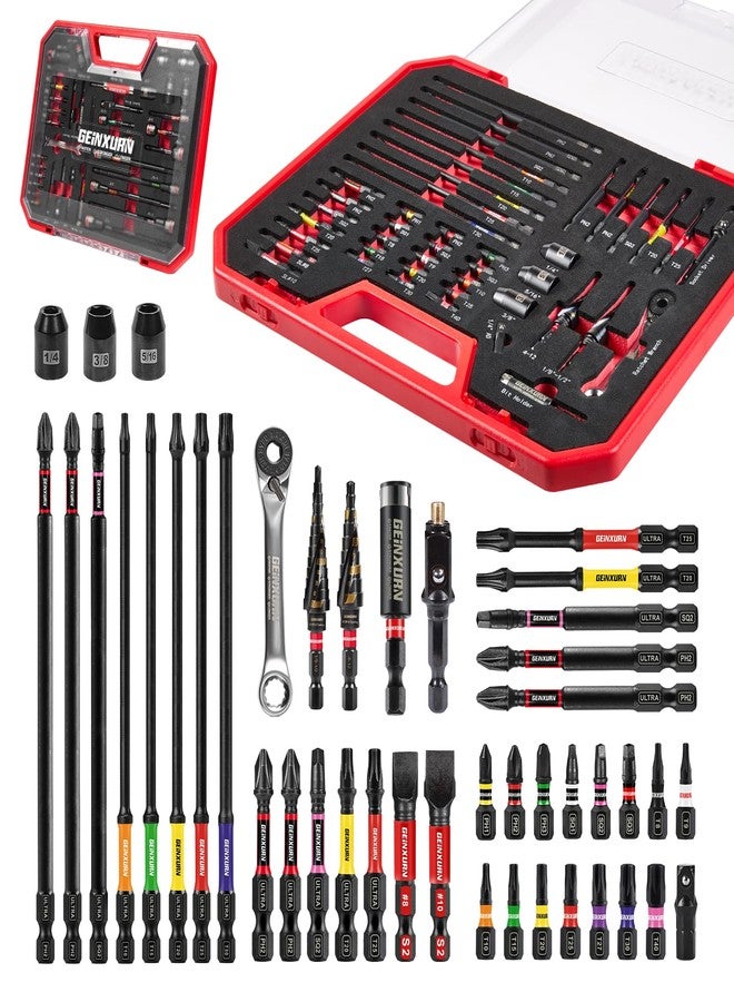 Geinxurn 44Pcs Tools Set Packaged Impact Screwdriver Bits,Ratchet Wrench, Socket Driver, Sockets, Step Drill, 1/4”Socket Adapter and Impact Bit Holder with Tool Box Storage for Home Repairs, DIY - Image 1