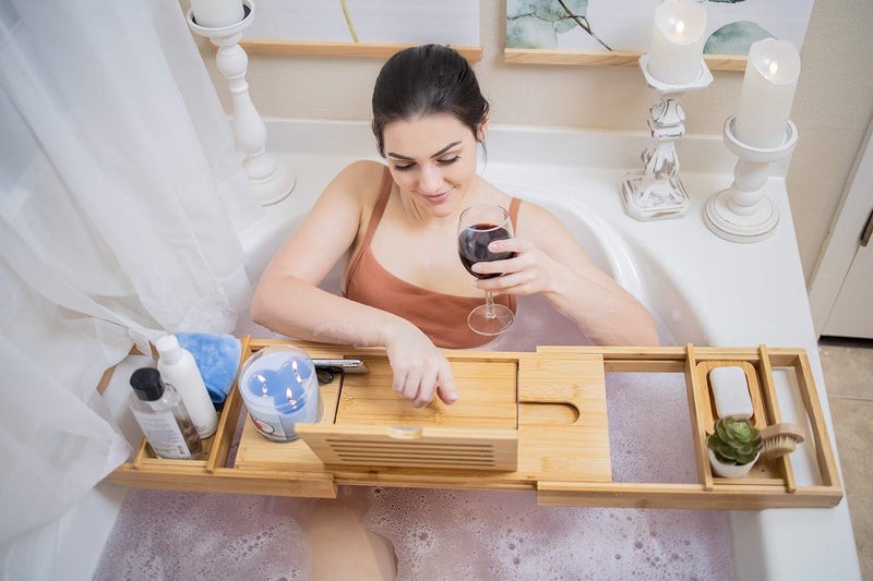 XcE Bathtub Caddy Tray Expandable to 105cm with Bamboo Book Stand and Soap Tray, Natural - Image 5