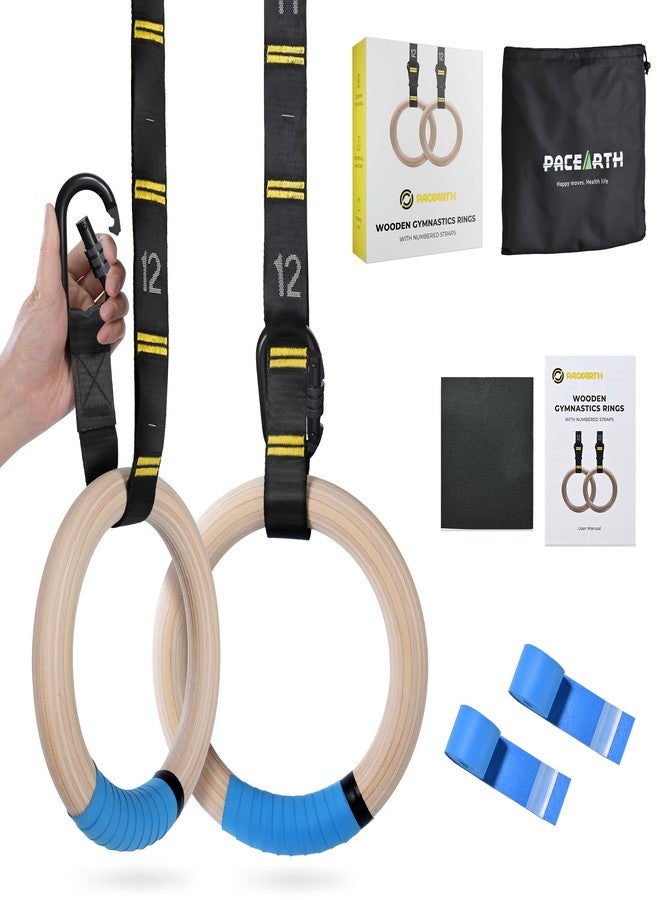 PACEARTH Gymnastics Rings 32mm Wooden Olympic Rings Support 1500lbs Locked Carabiners 9ft Double-Layer Numbered Straps Non-Slip Gym Rings for Home Gym Full Body Workout - Image 1