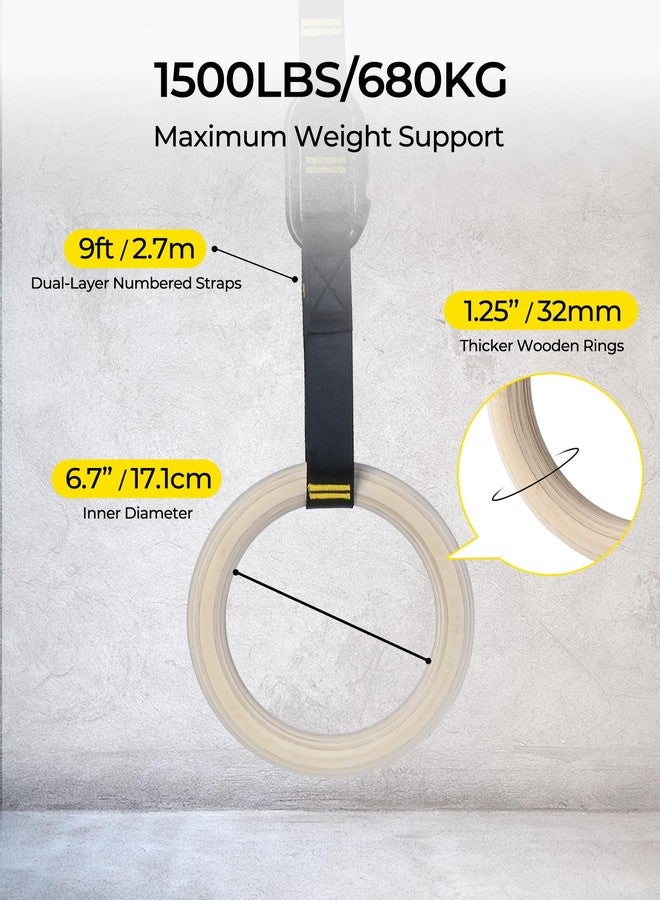 PACEARTH Gymnastics Rings 32mm Wooden Olympic Rings Support 1500lbs Locked Carabiners 9ft Double-Layer Numbered Straps Non-Slip Gym Rings for Home Gym Full Body Workout - Image 4