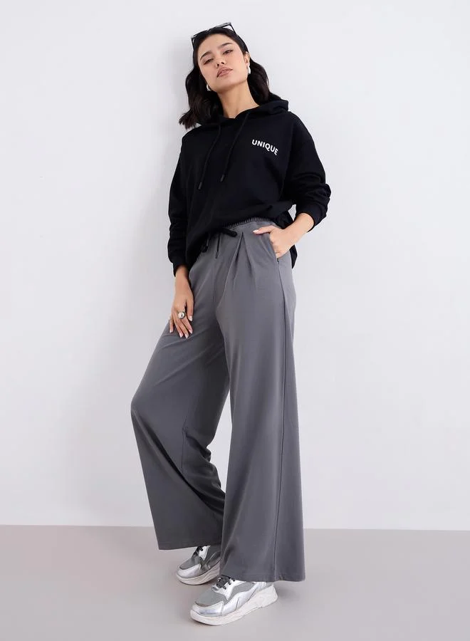 Styli Styli Grey Wide Leg Jogger with Pleat Detail