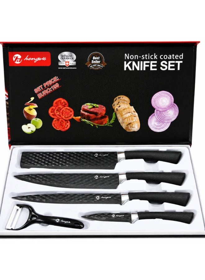 5-Piece Non-Stick Coated Kitchen Knife Set with Ceramic-Coated Stainless Steel Blades & Vegetable Peeler - Image 1
