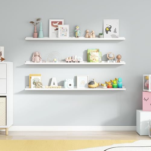 Streem Sheesham Wood Floating Shelves, Wall Shelves Set of 3, Picture Shelf Photo Ledge Shelves for Bathroom Kitchen and Bedroom,Livingroom & Office (White, 56 inch) - Image 2