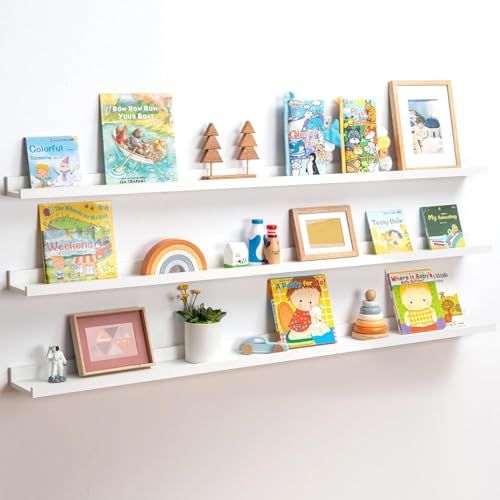 Streem Sheesham Wood Floating Shelves, Wall Shelves Set of 3, Picture Shelf Photo Ledge Shelves for Bathroom Kitchen and Bedroom,Livingroom & Office (White, 56 inch) - Image 1