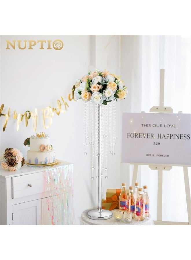 NUPTIO مزهرية فضية لمركز الزفاف: 2 قطعة بارتفاع 29.5 بوصة قاعدة زهور كريستالية للطاولات ترتيب زهور معدنية أنيقة لحفلات الزفاف وحفلات عيد الميلاد وذكرى الزواج واستقبال الزفاف وزينة المنزل - Image 4