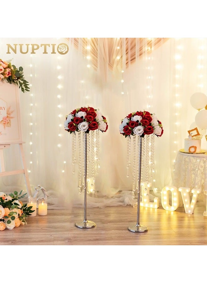 NUPTIO مزهرية فضية لمركز الزفاف: 2 قطعة بارتفاع 29.5 بوصة قاعدة زهور كريستالية للطاولات ترتيب زهور معدنية أنيقة لحفلات الزفاف وحفلات عيد الميلاد وذكرى الزواج واستقبال الزفاف وزينة المنزل - Image 3