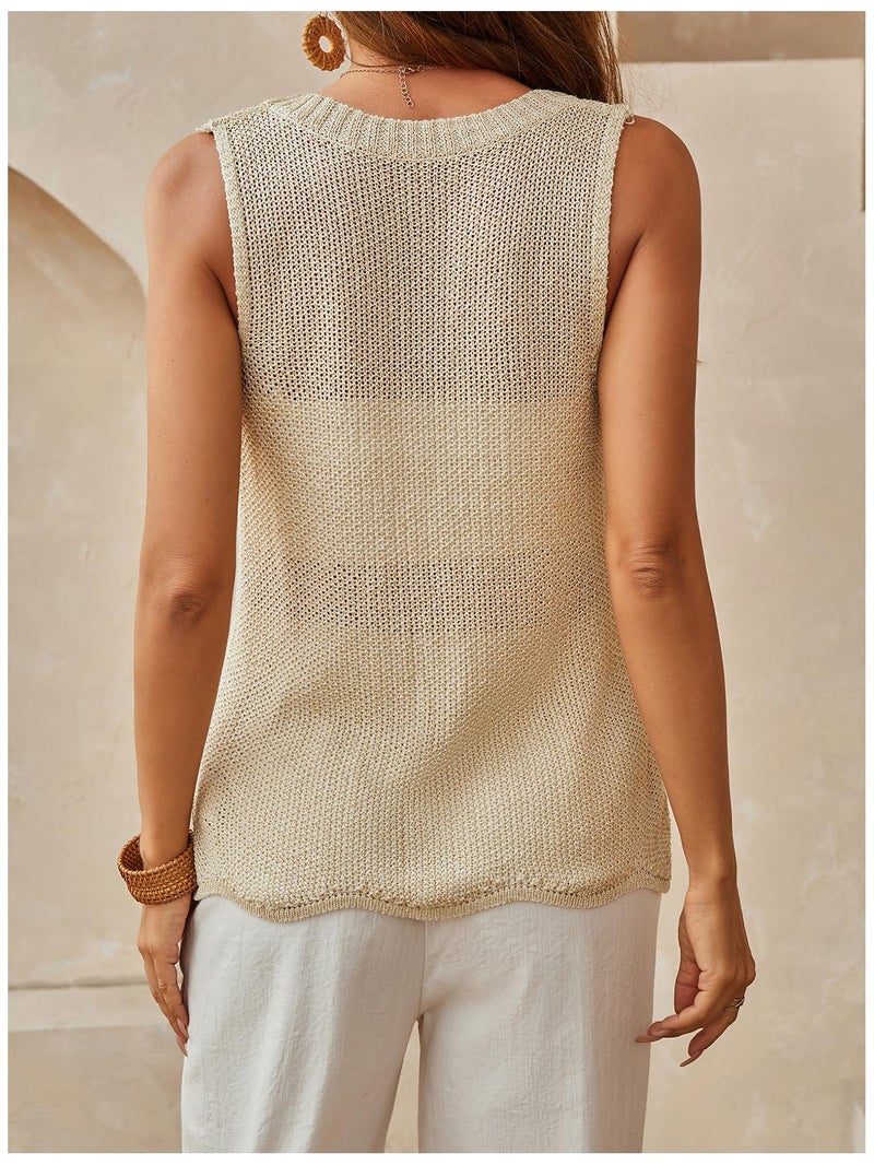 MakeMeChic Women's Crochet Sparkly Tops Summer Beach Vacation Tank Tops Sleeveless Sweater Vest Gold Small - Image 2