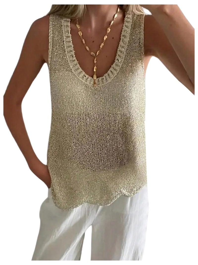 MakeMeChic Women's Crochet Sparkly Tops Summer Beach Vacation Tank Tops Sleeveless Sweater Vest Gold Small - Image 1