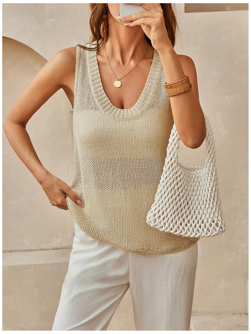 MakeMeChic Women's Crochet Sparkly Tops Summer Beach Vacation Tank Tops Sleeveless Sweater Vest Gold Small - Image 3