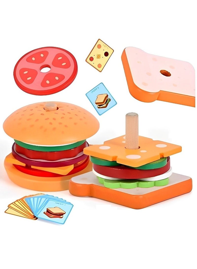 Wooden Pretend Play Puzzle Blocks Toy for Kids, Includes Different Materials to Make Sandwiches Stacking, Children Use the Blocks to Finish the Food, Montessori Educational Blocks Toy for Toddlers - Image 5