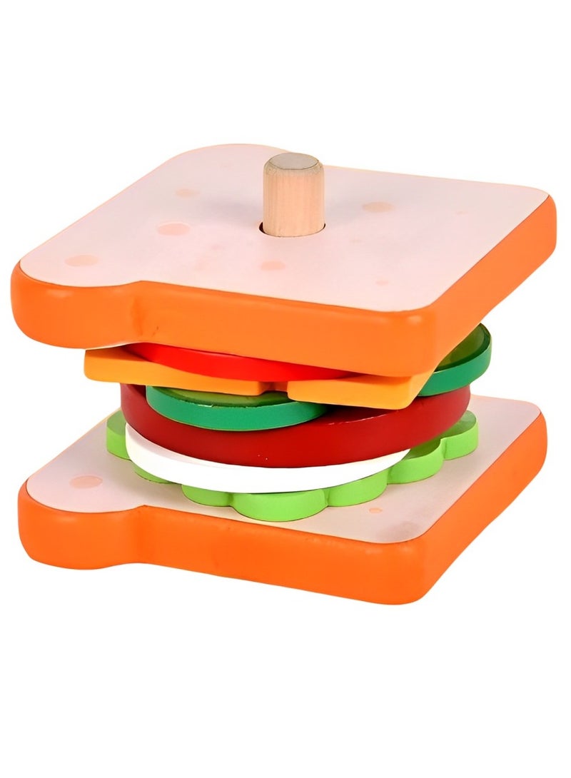 Wooden Pretend Play Puzzle Blocks Toy for Kids, Includes Different Materials to Make Sandwiches Stacking, Children Use the Blocks to Finish the Food, Montessori Educational Blocks Toy for Toddlers - Image 1