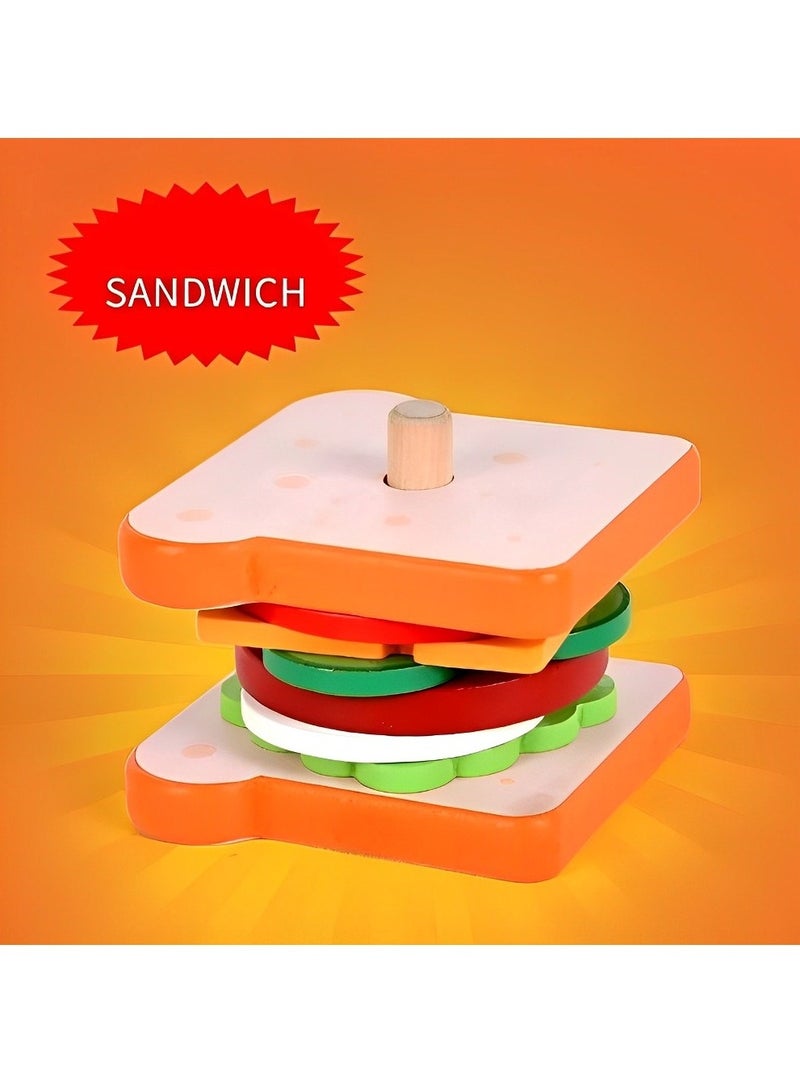 Wooden Pretend Play Puzzle Blocks Toy for Kids, Includes Different Materials to Make Sandwiches Stacking, Children Use the Blocks to Finish the Food, Montessori Educational Blocks Toy for Toddlers - Image 2