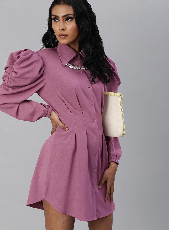 كاجوالي فستان قصير نسائي بنفسجي سادة بكتف مكشكش من كاسولي - Image 2