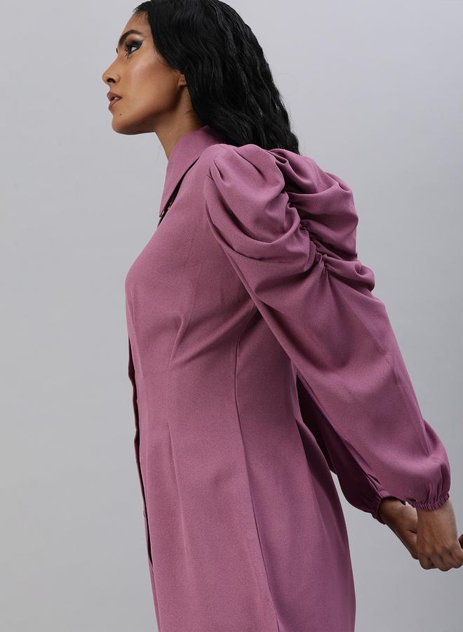 كاجوالي فستان قصير نسائي بنفسجي سادة بكتف مكشكش من كاسولي - Image 4