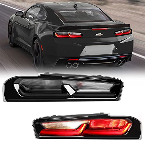 LitMiRaCle LED Smoked Tail Lights Compatible for Chevy Camaro 2016 2017 2018 With Turn Signal lights, Daytime Running Rear lamps Assembly Upgrade (Smoked Black) - Image 1