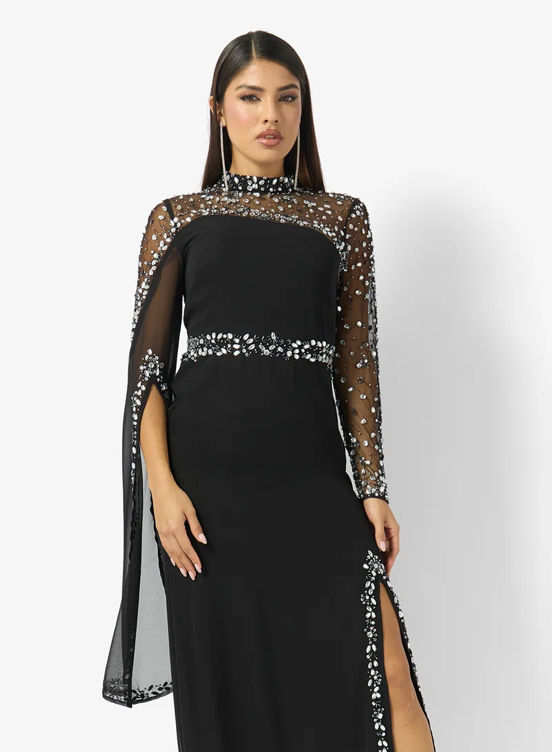 Namshi x  Mesh Detail Bead Embellished Evening Gown with Slit for Women | Best Price UAE