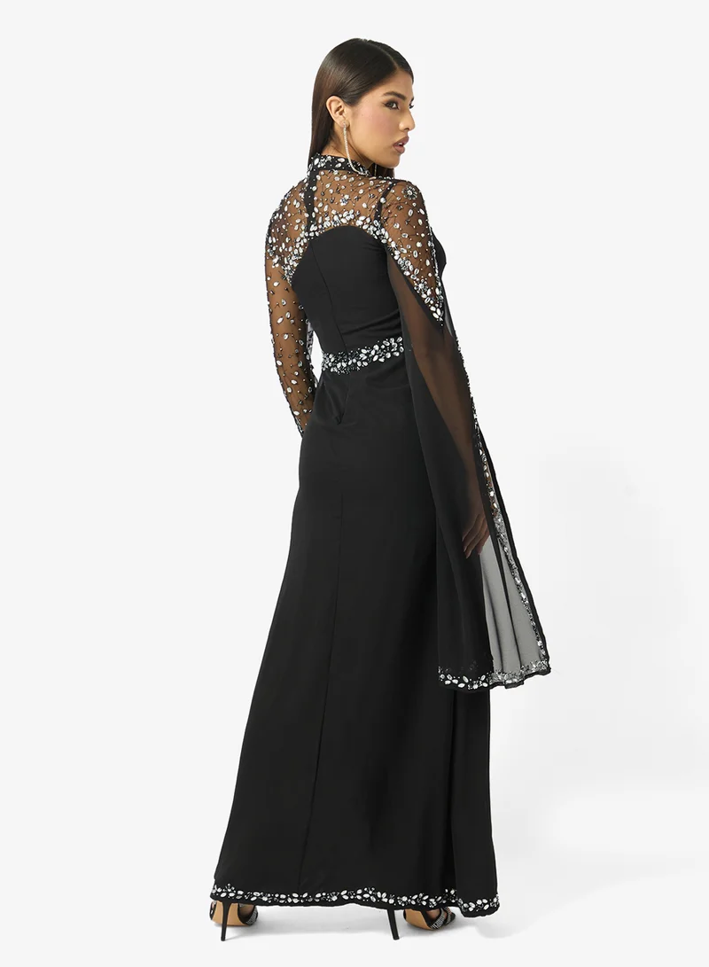 Namshi x  Mesh Detail Bead Embellished Evening Gown with Slit for Women | Best Price UAE