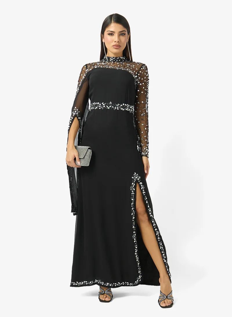 Namshi x  Mesh Detail Bead Embellished Evening Gown with Slit for Women | Best Price UAE