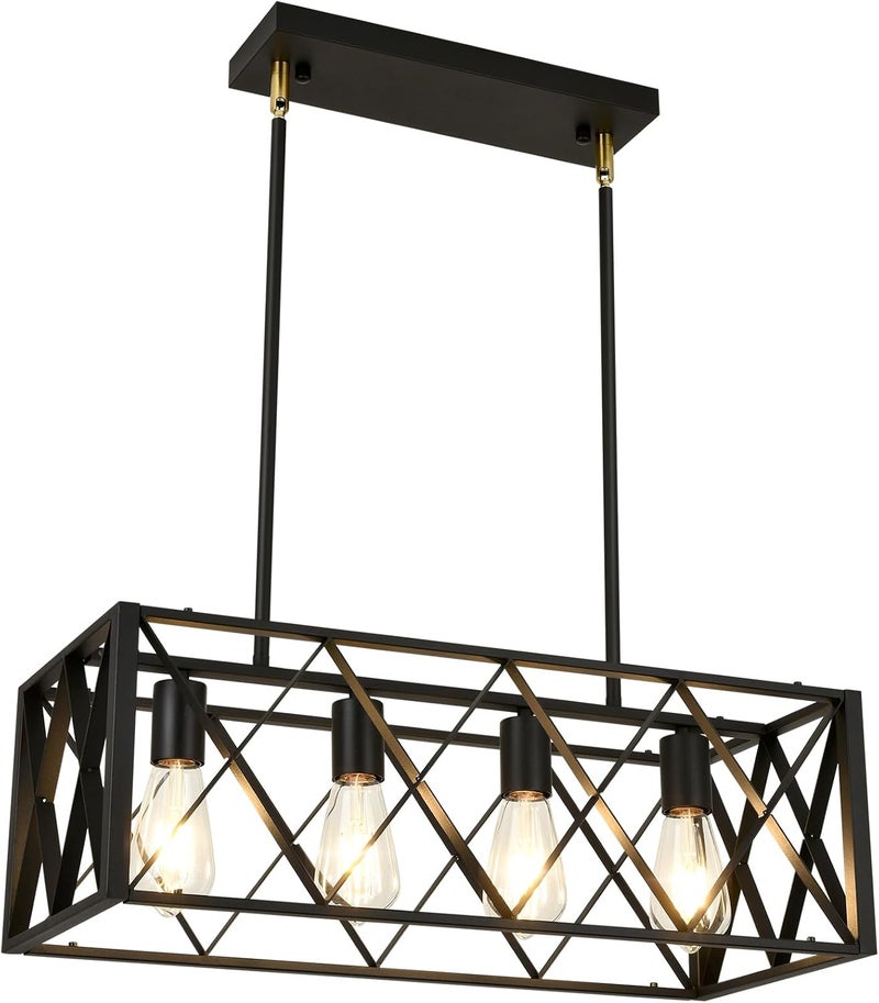 Pretoy Black Farmhouse Chandeliers for Dining Room Light Fixture Rectangle Kitchen Island Pendant Lighting 4-Light Metal Industrial Linear Chandelier for Kitchen Island - Image 1