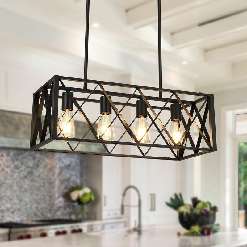Pretoy Black Farmhouse Chandeliers for Dining Room Light Fixture Rectangle Kitchen Island Pendant Lighting 4-Light Metal Industrial Linear Chandelier for Kitchen Island - Image 2