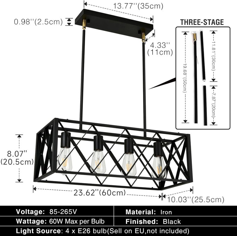 Pretoy Black Farmhouse Chandeliers for Dining Room Light Fixture Rectangle Kitchen Island Pendant Lighting 4-Light Metal Industrial Linear Chandelier for Kitchen Island - Image 4