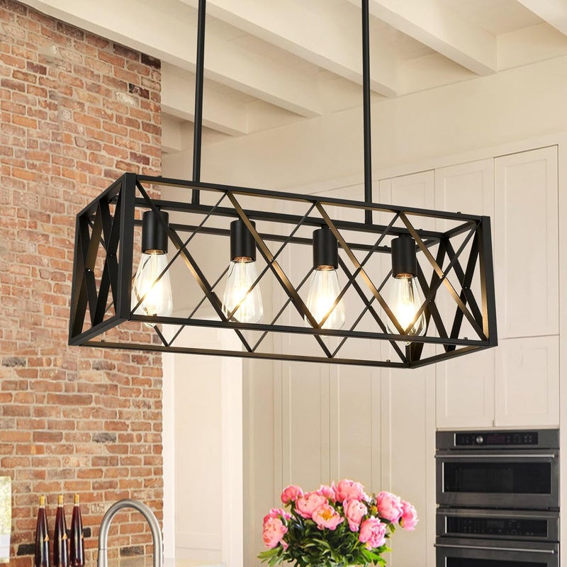 Pretoy Black Farmhouse Chandeliers for Dining Room Light Fixture Rectangle Kitchen Island Pendant Lighting 4-Light Metal Industrial Linear Chandelier for Kitchen Island - Image 3