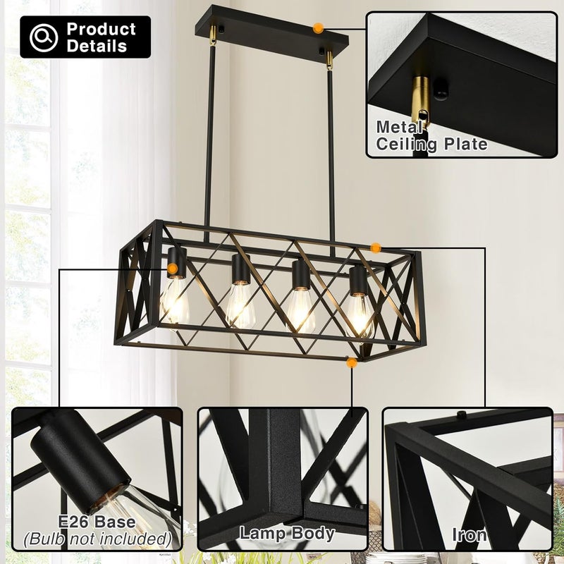 Pretoy Black Farmhouse Chandeliers for Dining Room Light Fixture Rectangle Kitchen Island Pendant Lighting 4-Light Metal Industrial Linear Chandelier for Kitchen Island - Image 5