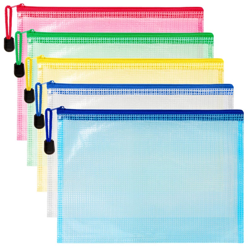 MAQIHAN Mesh Zipper Pouch Bags - 5 Pack Waterproof Zipper Bags 13.2 x 9.4 Inch Clear Mesh Storage Pouches Assorted Colors for Home, Office, School, Travel, Puzzles, Board Game, Cosmetic, Accessories - Image 1