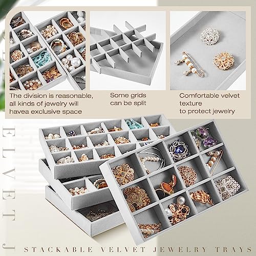 Junkin 12 Pcs Jewelry Tray Velvet Stackable Jewelry Organizer Trays Divided Earring Accessories Storage Containers Box(Gray) - Image 3