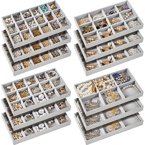 Junkin 12 Pcs Jewelry Tray Velvet Stackable Jewelry Organizer Trays Divided Earring Accessories Storage Containers Box(Gray) - Image 1