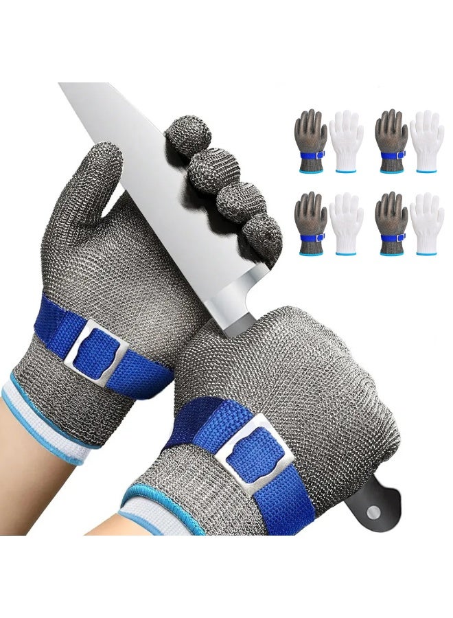 TACMEKA 4 Set Cut Resistant Gloves A9 Level 316 Stainless Steel Mesh Gloves with Nylon Liner, Adjustable Wrist Strap, Butcher Gloves for Meat Cutting, Kitchen Food Handling and Processing - Image 1